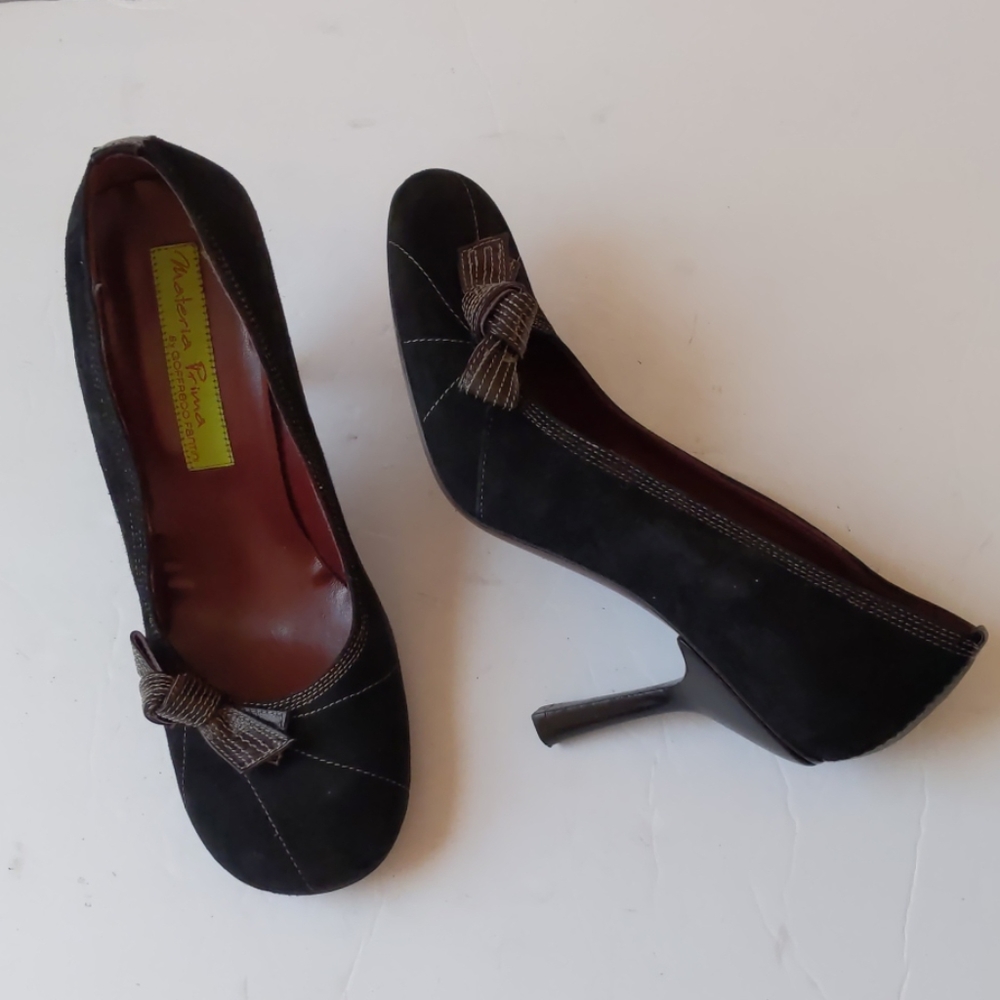 Black Suede Bow Heels - Women's Dress Pumps